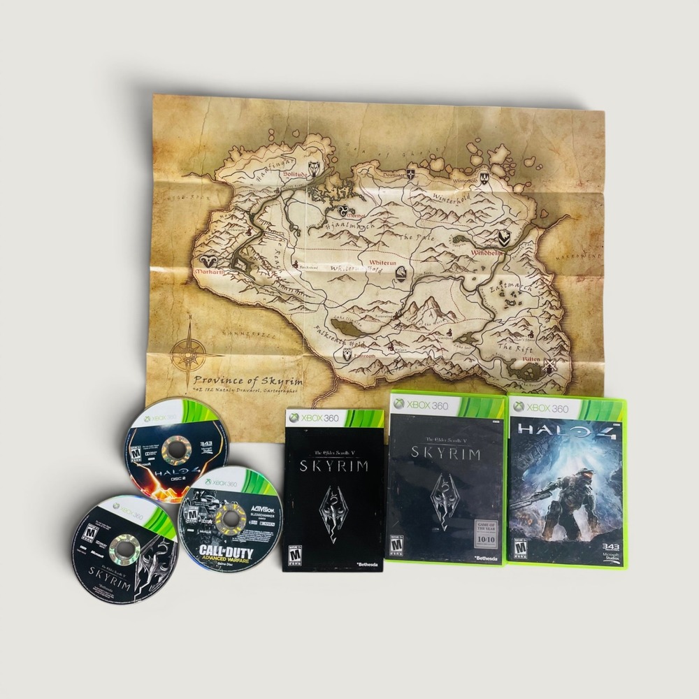 Xbox 360 4 Game Lot Skyrim Halo 4 Titanfall Call of Duty Ghosts Maps Case Bundle